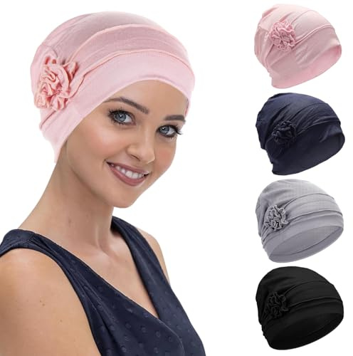 MADGININE 4 Pieces Chemo Headwear for Women Beanie Hat Head Wraps with Flower Design Sleep Cap Cancer Hat (4 Colors)