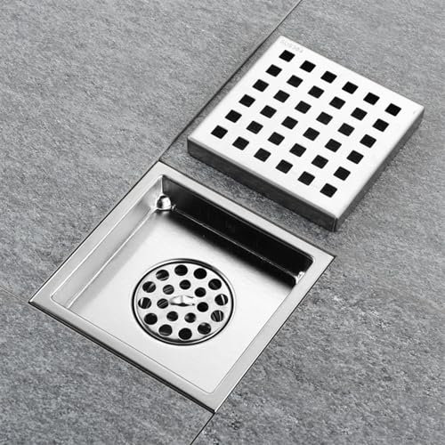 Quadratischer Duschbodenablauf mit abnehmbarer Abdeckung, Gitterrost, SUS 304 Edelstahl, Abflussfilter, Entwässerungssieb, Schwarz 02, 1 Stück