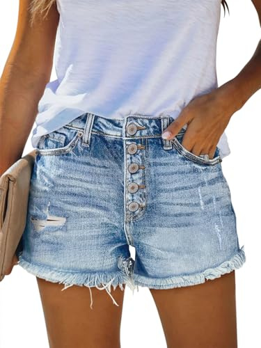 ZOLUCKY Shorts for Women Casual High Waisted Stretch Denim Button Fly Ripped Trendy Boyfriend Shorts Shorts Light Blue L