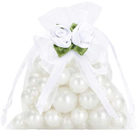 G2PLUS 10×12cm Weiß Hochzeit Organzasäckchen mit Rosen: 30 Stück | Organza Geschenksäckchen mit Kordelzug, Kleine Geschenkbeutel für Schmuck, Juwelen oder Kleine Geschenke