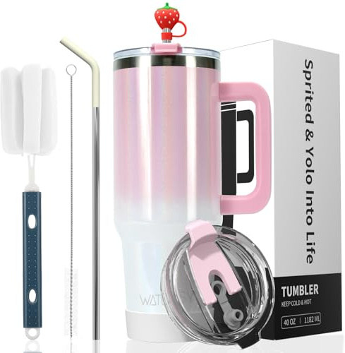 WATERSY 891 ml Vaso Térmico con Asa, Termo con Pajita de Acero Inoxidable para Café Frío/Caliente, 30 oz Taza de Café Apto Lavavajillas y Portavasos, para Viaje, Deporte, Oficina (Rosa-Blanco)