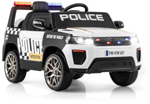 Kids Ride on Police Car, 12V Battery Powered Cop Car with Remote Control, Wireless Connection, Radio, Music, USB, Siren Flashing Lights, Toddler Electric Vehicle for Boys Girls 3-8 Years Old (White)