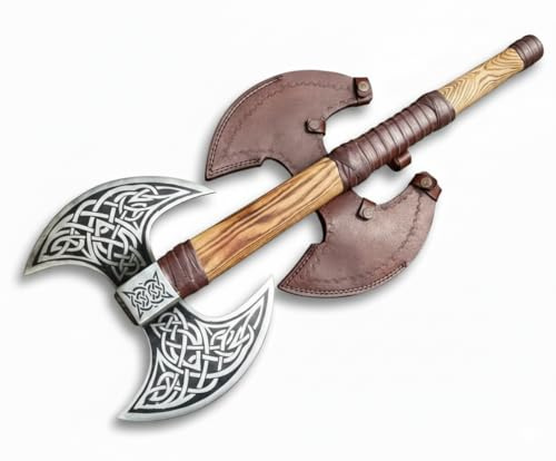 NovaHaven Ascia vichinga a doppia testa, lama forgiata a mano in acciaio al carbonio con manico in legno di frassino, avvolgimento in pelle e fodero in pelle, ideale per collezionisti all'aperto e