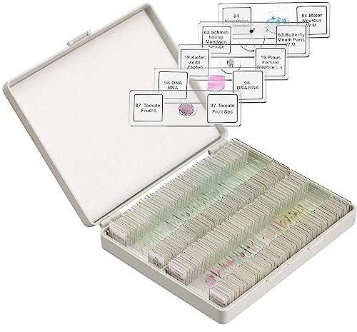 Bresser Mikroskop Dauerpräparate, 100 Glas-Objektträger mit gefärbten Präparaten aus der Biologie, für Hobby, Schule und Unterricht