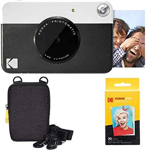 KODAK Printomatic Sofortbildkamera (Schwarz) Basis-Paket + Zinkpapier (20 Blätter) Etui + Bequemer Halsriemen