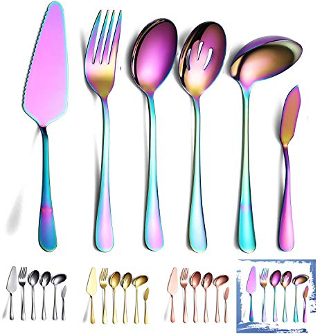 HOMQUEN Regenbogen Servierlöffel Set 6 Stück, Servierutensilien Set enthalten Kuchen Server Schlitzlöffel Servierlöffel Serviergabel Schöpflöffel Buttermesser Streuer Servierset Spülmaschinenfest
