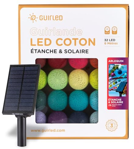 GuirLED - Außengirlande mit Lichtkugeln LED-Guinguette - Wasserdicht IP55 - Hocheffizientes Solarpanel - Automatisches EIN/AUS - 32 Kugeln 6 m- Arlequin