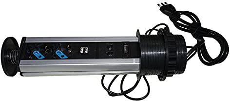 LINK LKMPT03 - Multipresa a scomparsa da tavolo o ripiano (nero, diametro 10 cm, altezza 29 cm) – 2 prese universali Schuko/italiane, 2 USB 5V 2A, RJ45, RJ11, HDMI 1080p – cavo 1,6 m