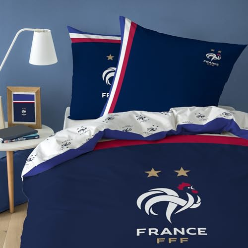 FFF Drapeau Parure de Lit Enfant | 100% Coton | Oeko-TEX | Housse de Couette 1 Personne 140x200 cm + 1 Taie d'oreiller 63x63 cm Imprimées Réversibles | Bleu Marine