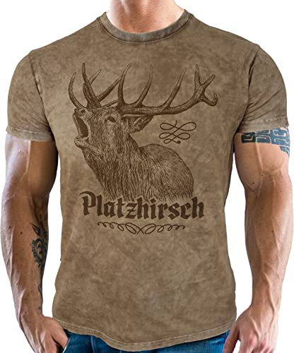 Herren Trachten T-Shirt für Bayern Fans im Used Vintage Retro Look - Königliches Bayernwappen - Vorgewaschen, Bitte eine Nummer größer bestellen