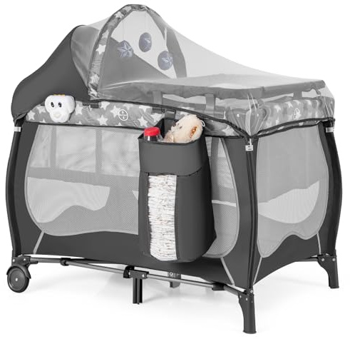 COSTWAY 5-i-1 babysäng, bärbar sidosäng, resesäng med vikbar madrass, skötbord, baldakin, lekbåge och musiklåda, barnvagnar med hjul, bärväska för baby upp till 36 månader (grå)