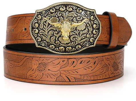 JASGOOD Men Leather Western Cowboy Belt Engraved Longhorn Buckle Belt for Men Women Cowgirl Western Belt for Jeans,Brown