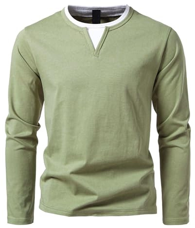 HOTIAN Långärmad tröja för män med V-ringning, baströja, Henley-skjorta, toppar, fritid, sweatshirt, t-shirt för män, Grön, L