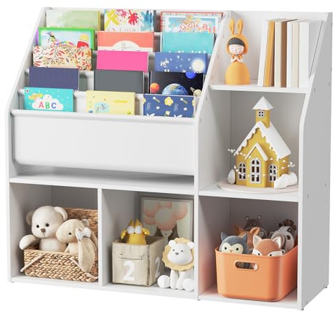 MAHANCRIS Kids Bookshelf and Toy Storage, Toy Storage Organizer with Bookshelf, Book Shelf for Kids Room, 5-Tier Sling Bookcase, for Kids Room, Living Room, Playroom, Nursery, White KBWT8201