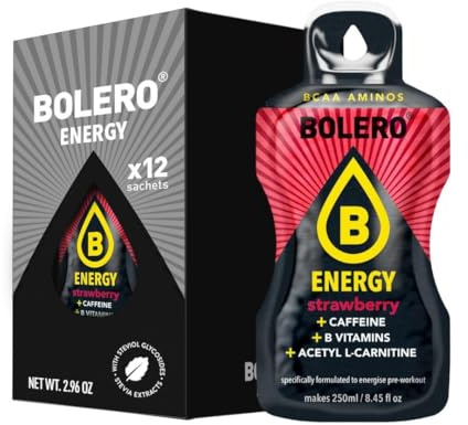 Bolero Energy - Bebida en polvo sin azúcar, vegana y sin gluten, para estilos de vida activos (12 x 7 g, fresa)