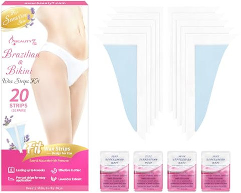 Beauty7 Strisce di Cera Depilatorie per Bikini Pronte All'uso, 20 Strisce a Freddo Bikini con 4 Salviette di Olio Calmante per Tipi di Pelle Sensibili per Donne