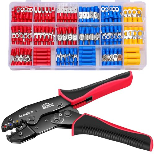 Insulated Wire Terminal Crimping Tool Kit, 0.5-6mm² Ratchet Crimping Pliers, Cable Lug Pliers, and Electrician Crimping Tool Set (350 Pieces for Insulated Butt-Cable Bullet Spade Ring Connectors)