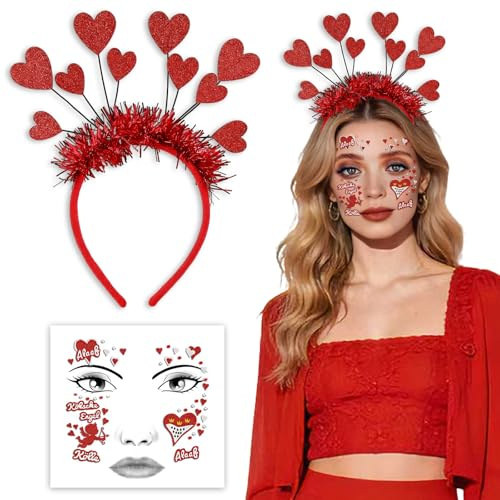 LIZANQU 2 Stück Amor Kostüm Damen Accessoires Karneval, Love Haarreif und Cupid Herz Gesichttattoos, für Karneval Halloween Maskerade Cosplay Mottoparty