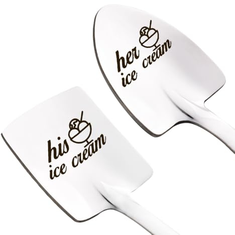 Couples His and Her Ice Cream Spoon Gifts for Boyfriend Girlfriend Engraved Shovel Ice Cream Spoon Set for Wife Husband Valentine's Day Anniversary Birthday Gifts for Women Men Spade Spoons 2 Pcs