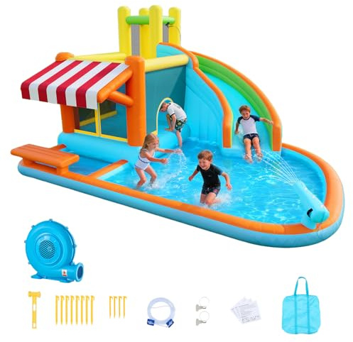 VEVOR Château Gonflable, Aire de Jeux Gonflable Extérieur avec Toboggan Aquatique, Kiosque de Jeu, Piscine, Zone de Saut, Canon à Eau, Souffleur Inclus, pour 3 à 4 Enfants de 3 à 8 Ans, 455x390x238 cm