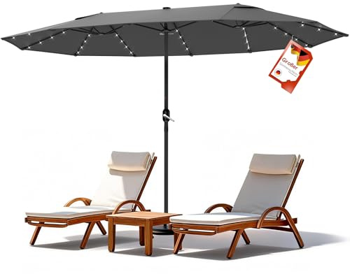 WoRaum Parasol Double Rectangulaire XXL 2,7x4,6m – Grand Parasol de Jardin Extérieur avec 12 Baleines et Manivelle, Tissu Polyester 180g – Sans Pivot et Sans Pied (Gris Foncé, Avec Éclairage)
