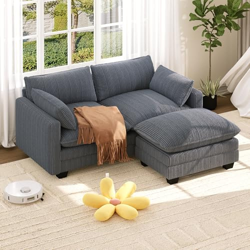 Xbro Divano Modulare a L 2 Posti con Pouf, Divano Cloud in Tessuto a Coste, Seduta Profonda e Morbida, Rivestimento Sfoderabile, Divano Compatto per Soggiorno e Camera, Grigio Scuro