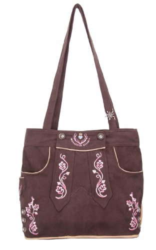 Originelle bayerische Trachtentasche Handtasche, Shopper, Strandtasche im Lederhosen-Stil und Wildleder-Optik von der Premiummarke Monaco di Bavaria (M, braun/pink)