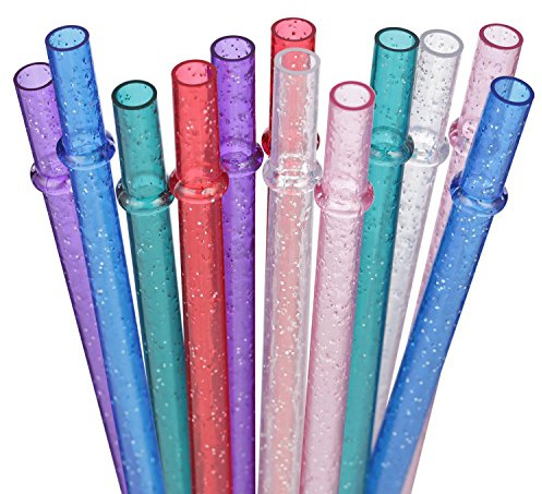 DAKOUFISH BPA-Free 12 Piece 9 Inch Reusable Clear Plastic Glitter Sparkle Drinking Straw Plus one Cleaning Brush (9inch 6Color)