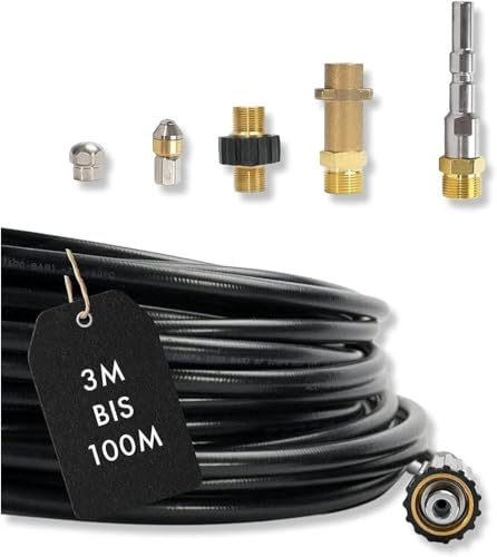 M&M Smartek Rohrreinigungsschlauch 80m, 6-teilig für Profi-Geräte | Set mit M22-, Bajonett- und KEW-Adapter sowie 2 Düsen; geeignet für verschiedene Profi- und Hobby-Hochdruckreiniger.