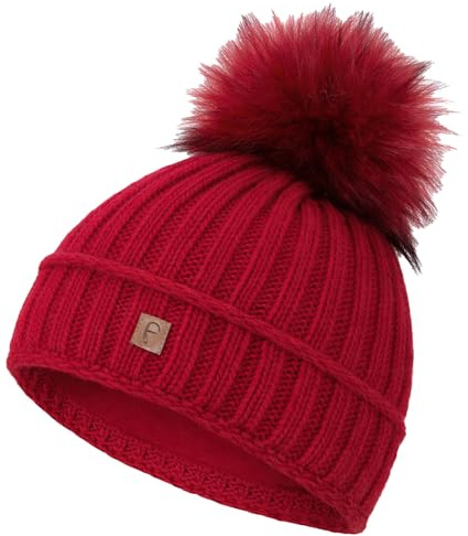 Faera Wintermütze Damen Mütze gefüttert mit Kunstfell Bommelmütze Mädchen Fleecefutter Winter Strickmütze Beanie Herren 34