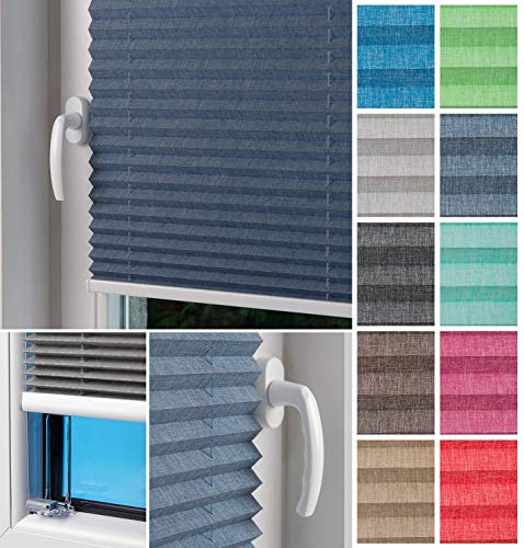 Home-Vision® Plissee Faltrollo ohne Bohren zum Kleben, Innenrahmen, Kollektion Melange Leinenoptik Blickdicht Sonnenschutz Jalousie für Fenster & Tür (Marineblau,B65cm x H200cm)