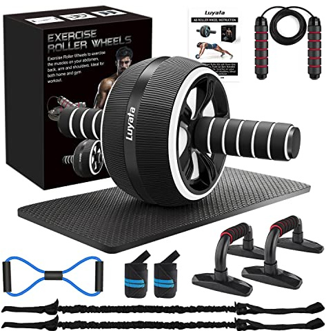 Ab Roller Wheel, 10-In-1 Ab Exercise Wheels Kit with Resistance Bands, Knee Mat, Jump Rope, Push-Up Bar - Home Gym Equipment for Men Women Core Strength & Abdominal Exercise (Black)