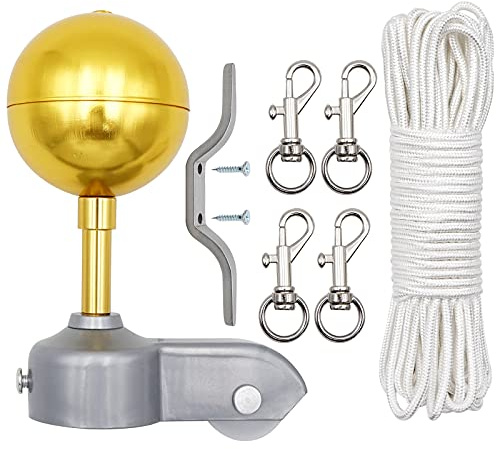 NOMAL Flag Pole Repair Parts Kits Including 1 Piece 3 Topper Gold Ball + 50 Ft Halyard Rope + 1 Piece Cleat Hook + 4 Piece Flag Swivel Snap Hooks + Flagpole Pulley Truck for 2 OD Tube