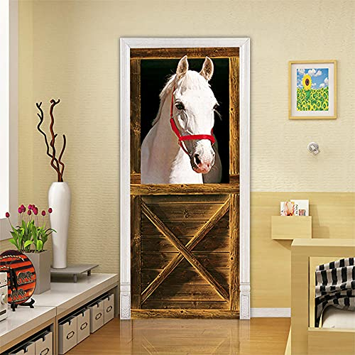 GSKBDQ 3D Türaufkleber Kreative Pferde-Holztür 77X200Cm Türtapete Selbstklebend Türposter - Fototapete 3D Effekt Türfolie Poster Tapete Wandtattoo DIY Selbstklebende Wandbild PVC wasserdichte Tapete