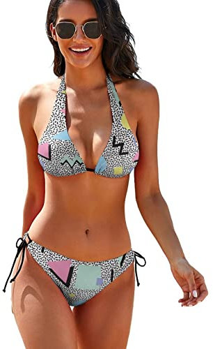 WZOMT Damen Sexy Neckholder Bikini Anzug 2-teiliges Set Triangel Bikini Badeanzüge V Ausschnitt Badeanzug, 80er oder 90er Jahre schwarz und weiß geometrisch, X-Large