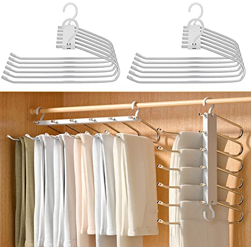 2 Stück Hosenbügel Platzsparend,6 in 1 rutschfeste magische Hosenbügel,Mehrfach-Kleiderbügel,Jeder kann 6 Stück aufnehmen Anzughosen,Hosen, Jeans, Schals, Handtücher,Krawatten