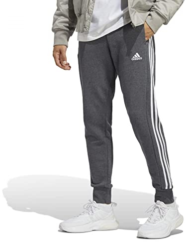 adidas Herren Essentials French Terry Tapered Cuff 3-Stripes Pants, Dark Grey Heather/White, M