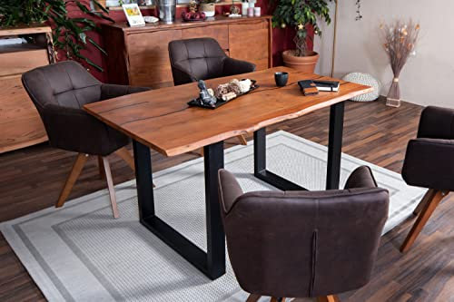 SAM Baumkantentisch 140 x 80 cm Polly, Epoxidharz-Adern in Schwarz, Akazienholz massiv + nussbaumfarben, Esstisch mit U-Eisengestell Schwarz, Tischplatte 26 mm, Esszimmertisch mit echter Baumkante