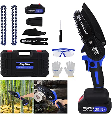 Elektrische Kettensäge Mini Kettensäge Elektro 4 Zoll Mini Kettensäge mit Akku Hochentaster Motorsäge, mit Spritzschutz & Sicherheitssperre, 1 Batterien und 2 Ketten, für Dachlatten Garten Holz Bäume