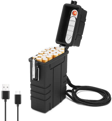 Ultraray Wasserdichtes Zigarettenetui mit Feuerzeug, Schwarzes Zigarettenbox für 20 Zigaretten, Zigarettenschachtel mit Lanyard, Zigarettenspender, für Outdoor-Wandern, Camping, Geschenk für Männer