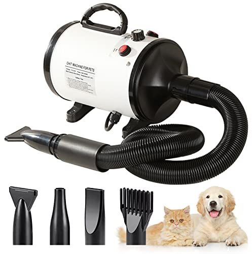 Hundefön Hundetrockner 2800W Hunde Blower Hundefön Sehr Leise, Profi Hundeföhn Einstellbare Geschwindigkeit und Wärme, Hundepflege-Trockner-Gebläse Pet Dryer Blower Hund mit 4 Verschiedenen Düsen Weiß