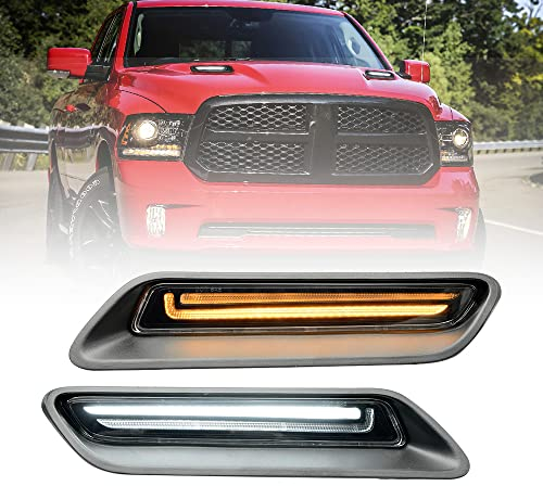 NSLUMO LED DRL Tagfahrlicht für Dod/ge Ram 1500 2010-2018 2019-2022 Weiß Bernstein LED Sport Motorhaube Licht Ziergitter Zierleiste DLR Stadtlampe 2St