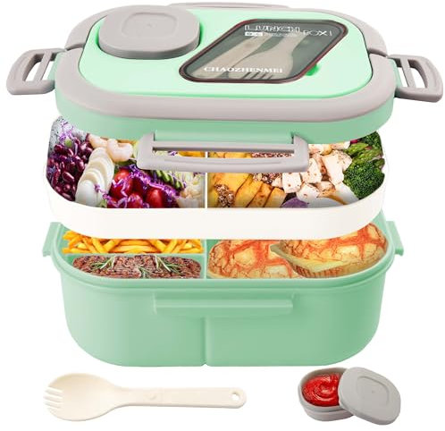 Tinaforld Adults Bento Lunch Box,Salad Container Large 43oz Salad Bowl, Bento-Style Tray for Toppings, 3oz Sauce Container for Dressings, and Built-In Reusable Fork (Green)