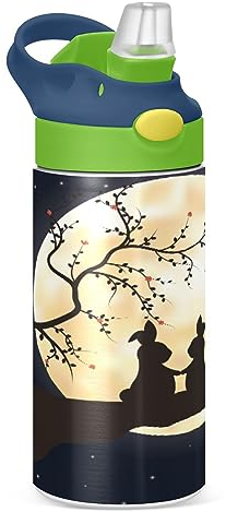 KAAVIYO Bunny Moon Rabbit Water Bottle Stainless Steel Insulated Vacuum Flask Leak Proof with Straw Brush Cup 350ML for Boys Girls Kids