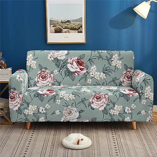 Sofaschoner Elegante Cyan Pfingstrose Sofaüberwurf Weich Spandex Sofaschoner Rutschfest Couch Überwurf Waschbare Sofa Überzug Sofabezug mit Elastischen Riemen Sofabezug L Form Universelle 3 Sitzer