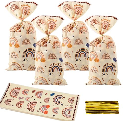 50 Bolsas de Dulces Arcoíris Boho para Cumpleaños y Celebraciones