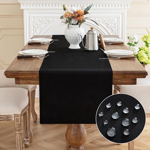 AooHome Tischläufer Schwarz 40X140cm, Tischdeko Leinen-Optik Abwaschbar Tischband aus Polyester Wasserabweisend mit Lotuseffekt, Dauerhaft Kratzfest für Esszimmer Hochzeiten Party Weihnachten