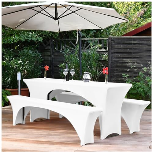 3er-Set Biertischhussen, 220 x 50 x 70 cm, hussen bierzeltgarnitur, weiß, Stretch-Bezüge für Biertisch- und Bankgarnituren, Bierbankhussen, Spandex-Bierzeltgarnitur für Bankett, Gartenmöbel-Bezüge