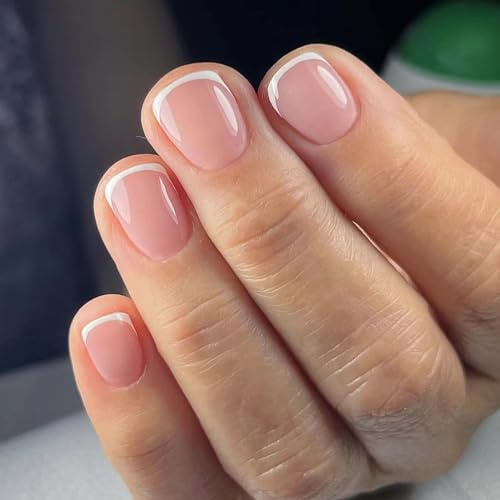 NLFOX Short False Nails - 24Pcs French False Nail - False Nails with Glue - White French Manicure Press on Nails - Glossy Full Cover Glue Stick on Nails - DIY Nail Art Gifts for Women Girls