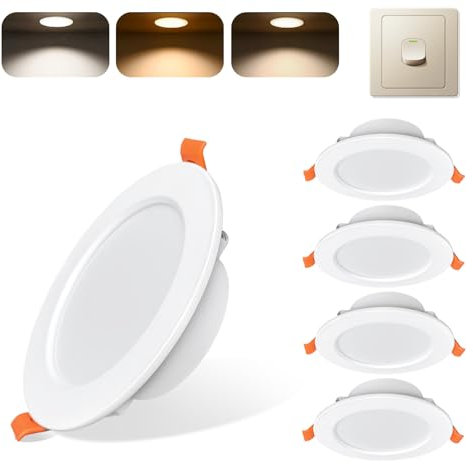 Sweier 3-Step Color Changing LED Recessed Ceiling Light IP44-7W 600LM Downlight (3000K/4000K/6000K), Wall Switch Adjustable, Cutout 88-100mm, Ultra-Thin for Bathroom & Kitchen (White)